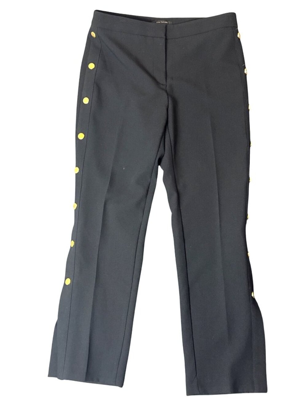 Ann Taylor Petite 8P Black Ankle Pants Gold Snap Side Split Hem Stretch Classic